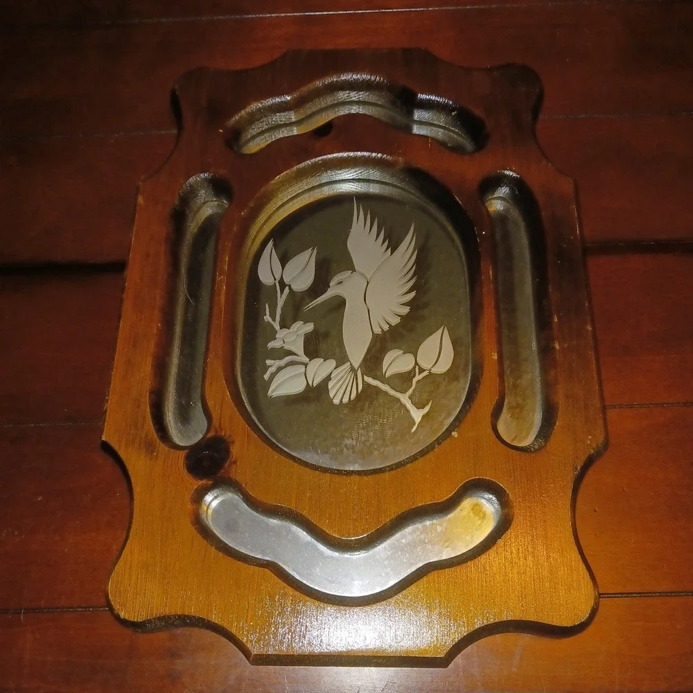 Vintage Wood mirror wall art acid etched w hummingbird & trumpet vine 15x11x1